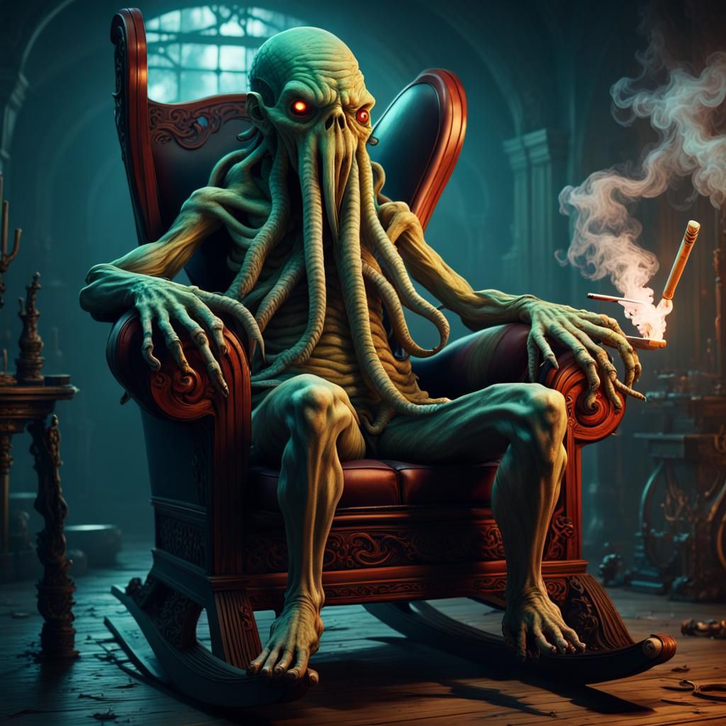 Illithid sitting on a horror rocking chair and smoking a big join