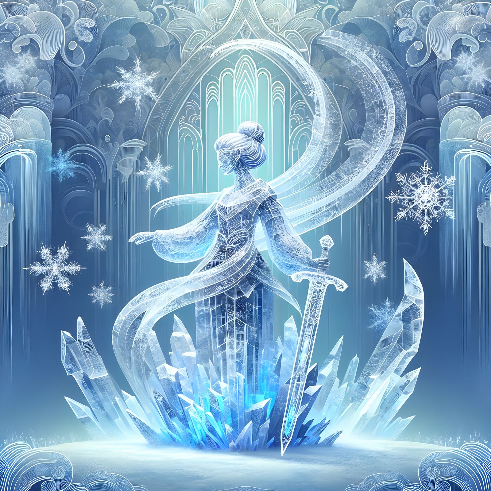 Enchanted Ice Goddess with Glowing Sword in Art Deco Castle