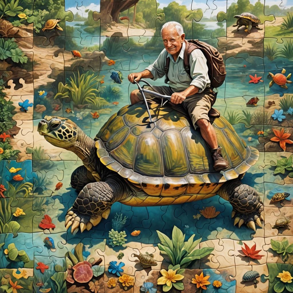 Vintage Jigsaw Puzzle Scene of a Gentle Old Man Riding a Tur...
