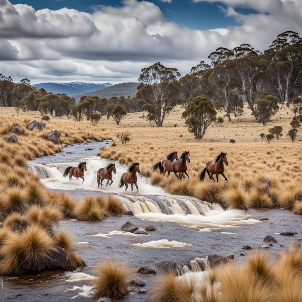 Majestic Brumby Horses Cross Snowy Mountain River
