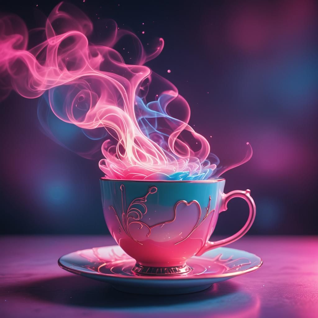 Retro Futuristic Teacup Scene with Neon Fairy Steam