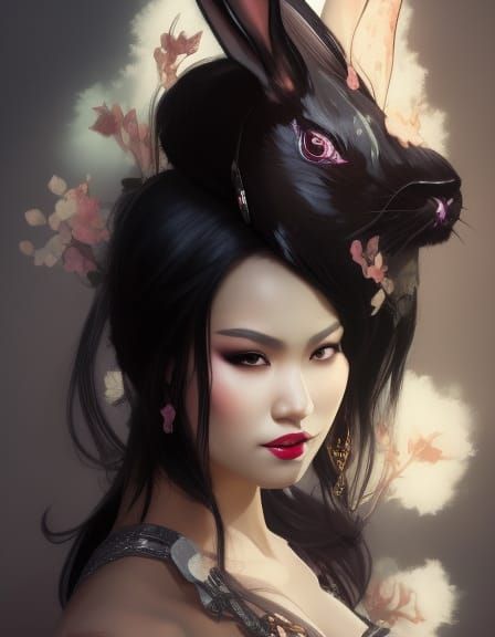 Surreal Gothic Femme Fatale in Bunny Outfit and High Heels