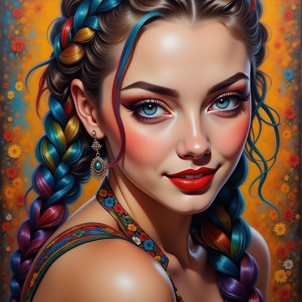 Vibrant Hippy Woman with Rainbow Braids Listening to Vinyl R...