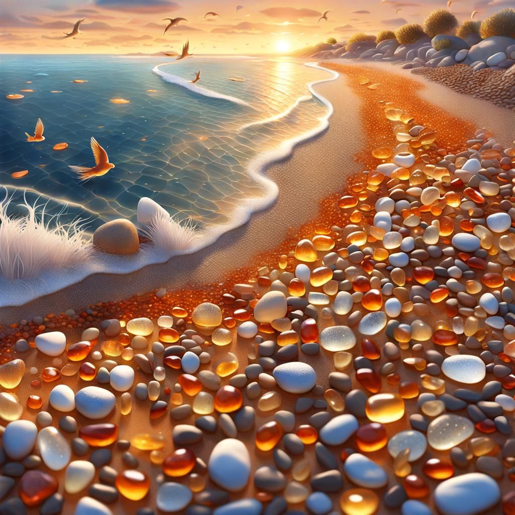 Vibrant Amber Shore at Sunset: A Digital Painting