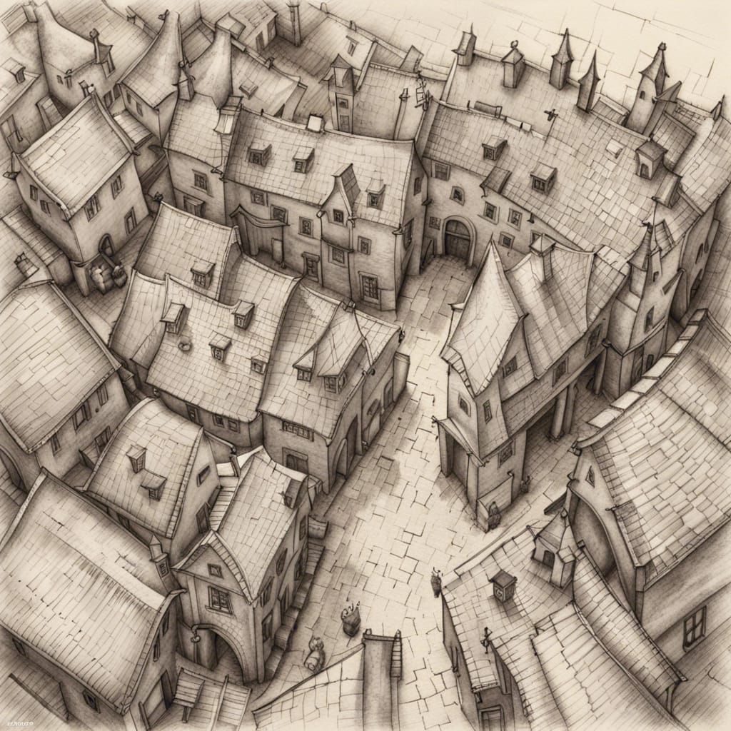 Medieval Townscape in Hyperdetailed Charcoal Drawing
