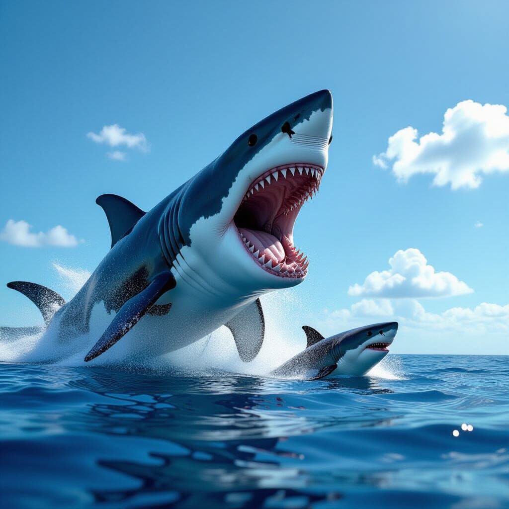 Megalodon Breaching Ocean Surface Pursuing Ginsu Shark
