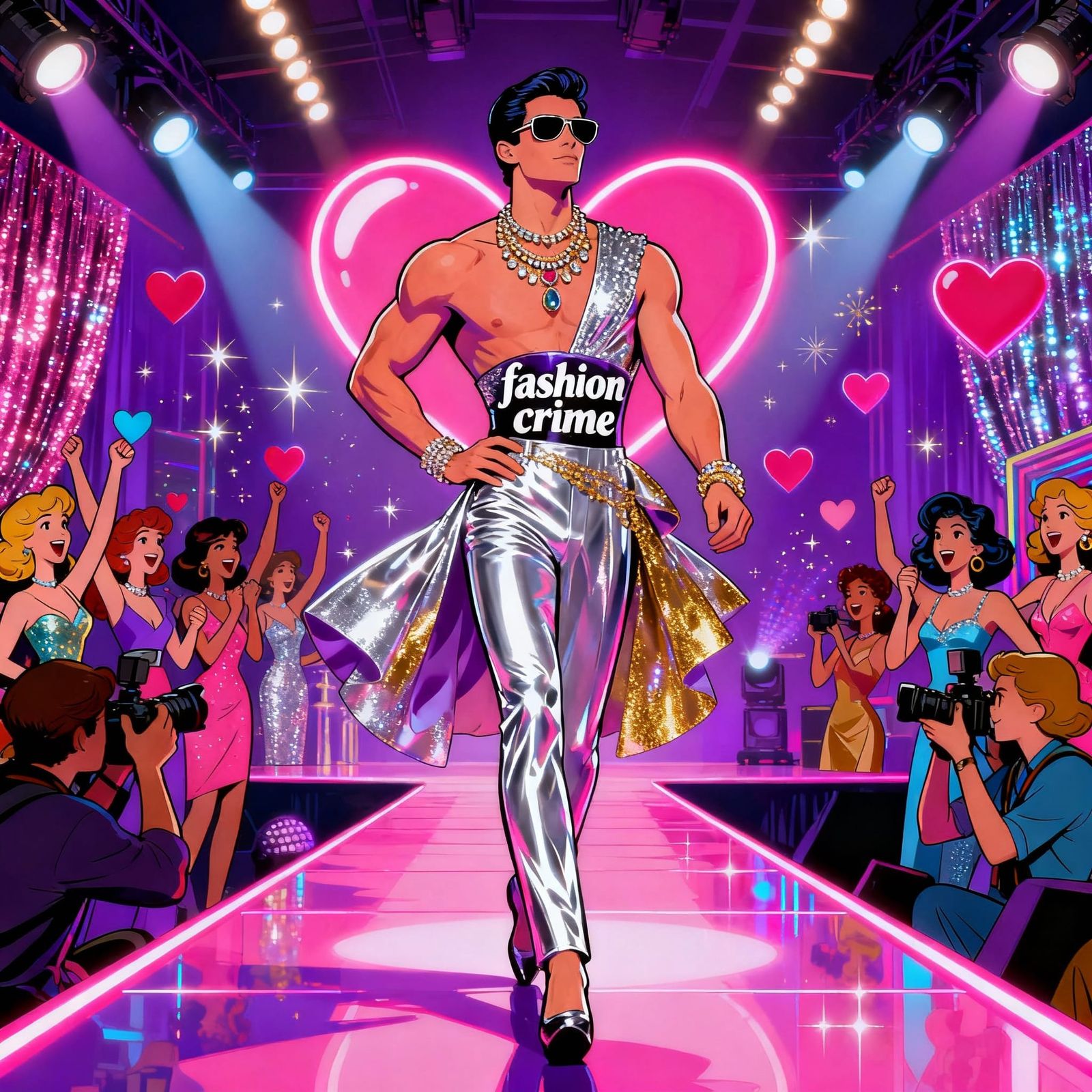 Confident Male Model Struts Neon Runway in Camp Fashion