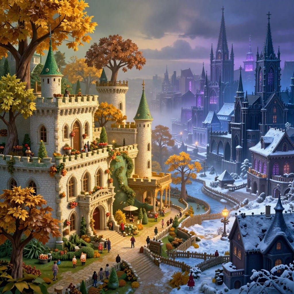 Medieval Town Transitions From Golden Autumn To Winter Citys...
