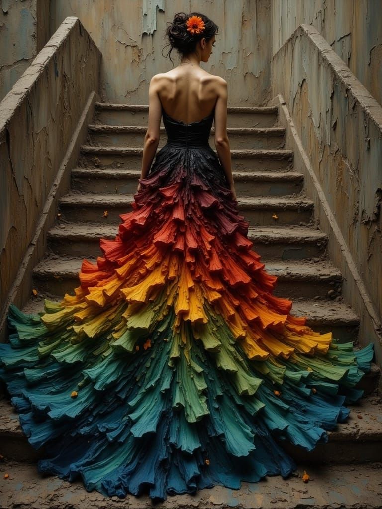 Ethereal Surrealism: Woman Ascends a Dusk-Shrouded Staircase