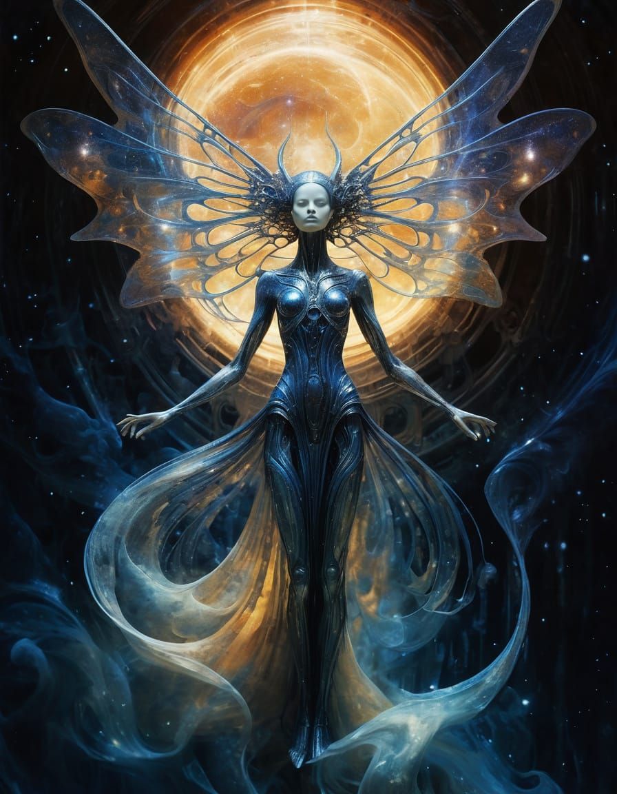 Ethereal Stardust Woman with Wings in Art Nouveau Style