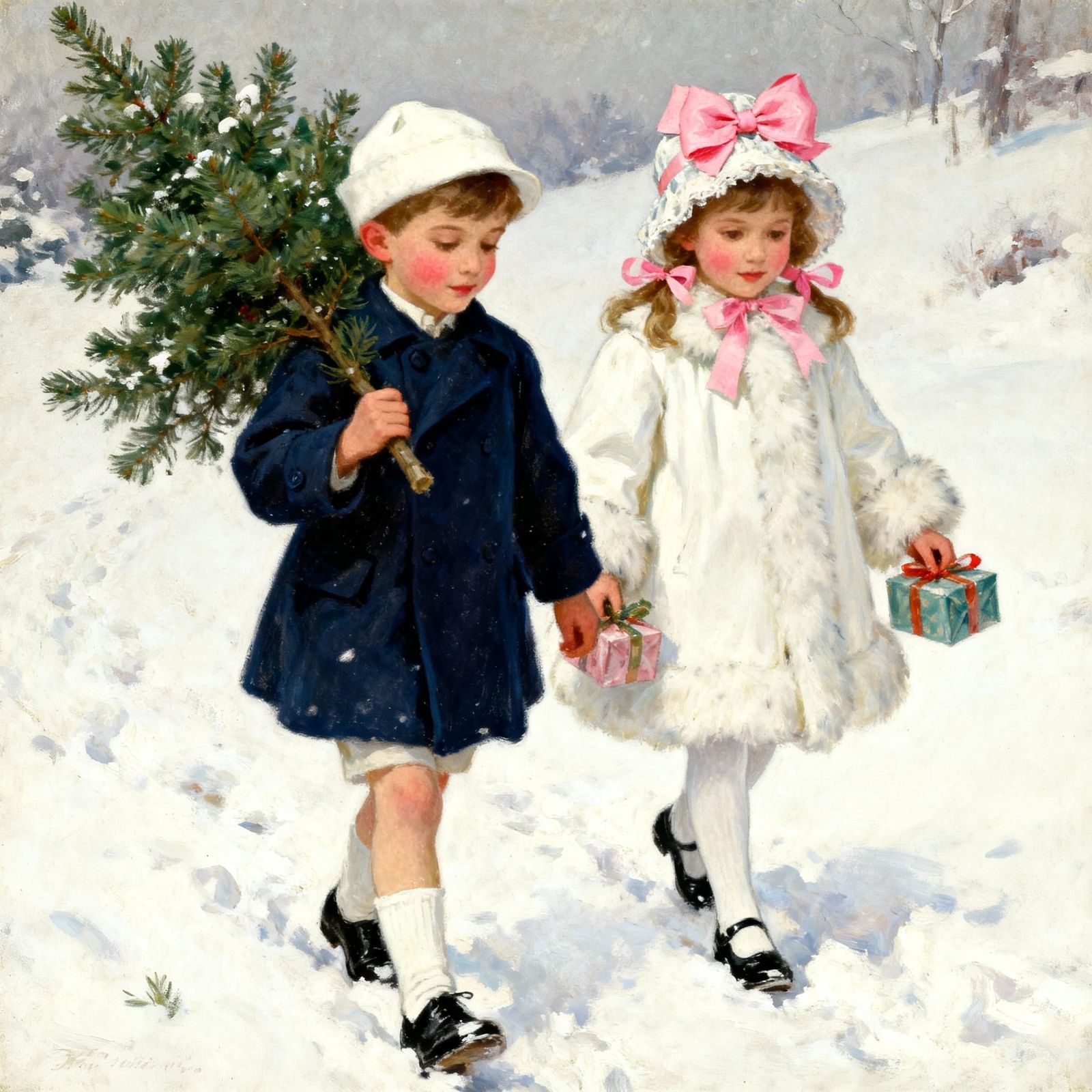 Vintage Christmas Scene: Children Carry Tree and Gifts