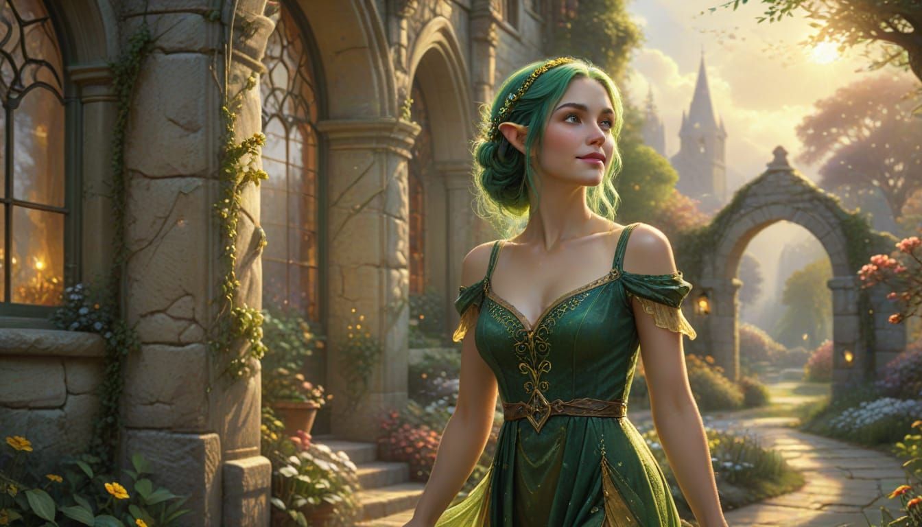 Green-Haired Elf in Sunny Garden, Oil Painting