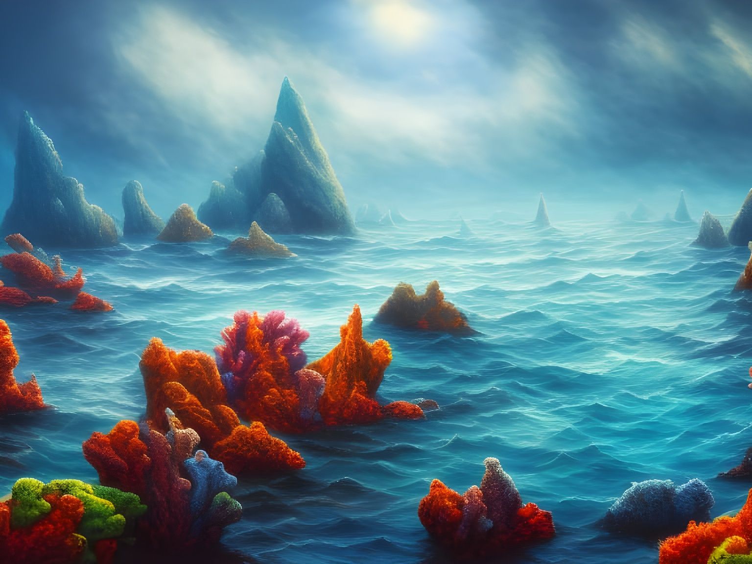Radiant Seascape with Craggy Reef in Surreal Style