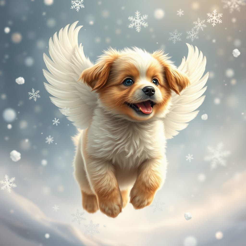 Whimsical Winter Fantasy with Playful Puppy