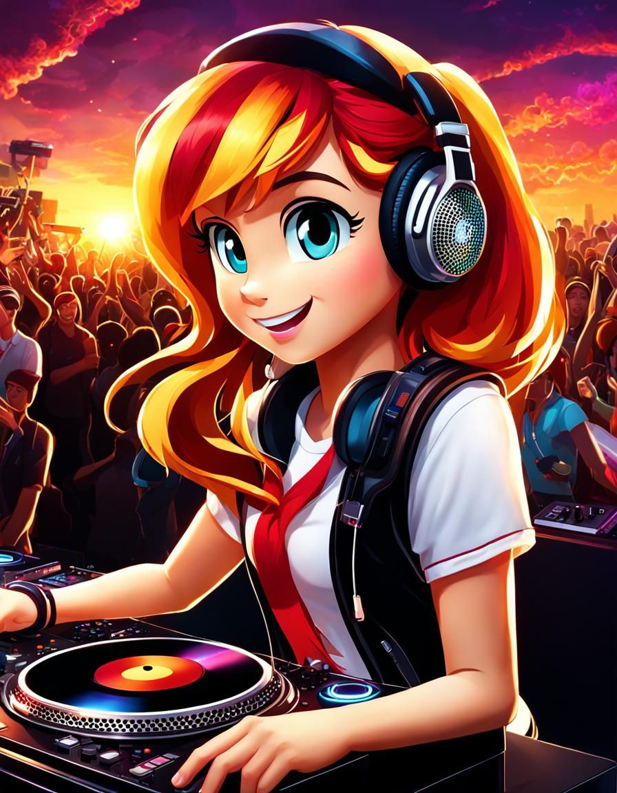 Hyperrealistic Sunset Shimmer as DJ Portrait in Cinematic HD...
