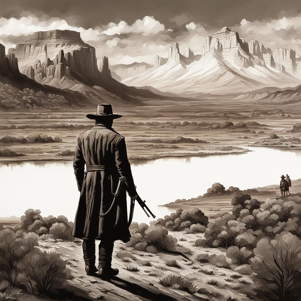 Epic Western Hero in Maximalist Digital Landscape