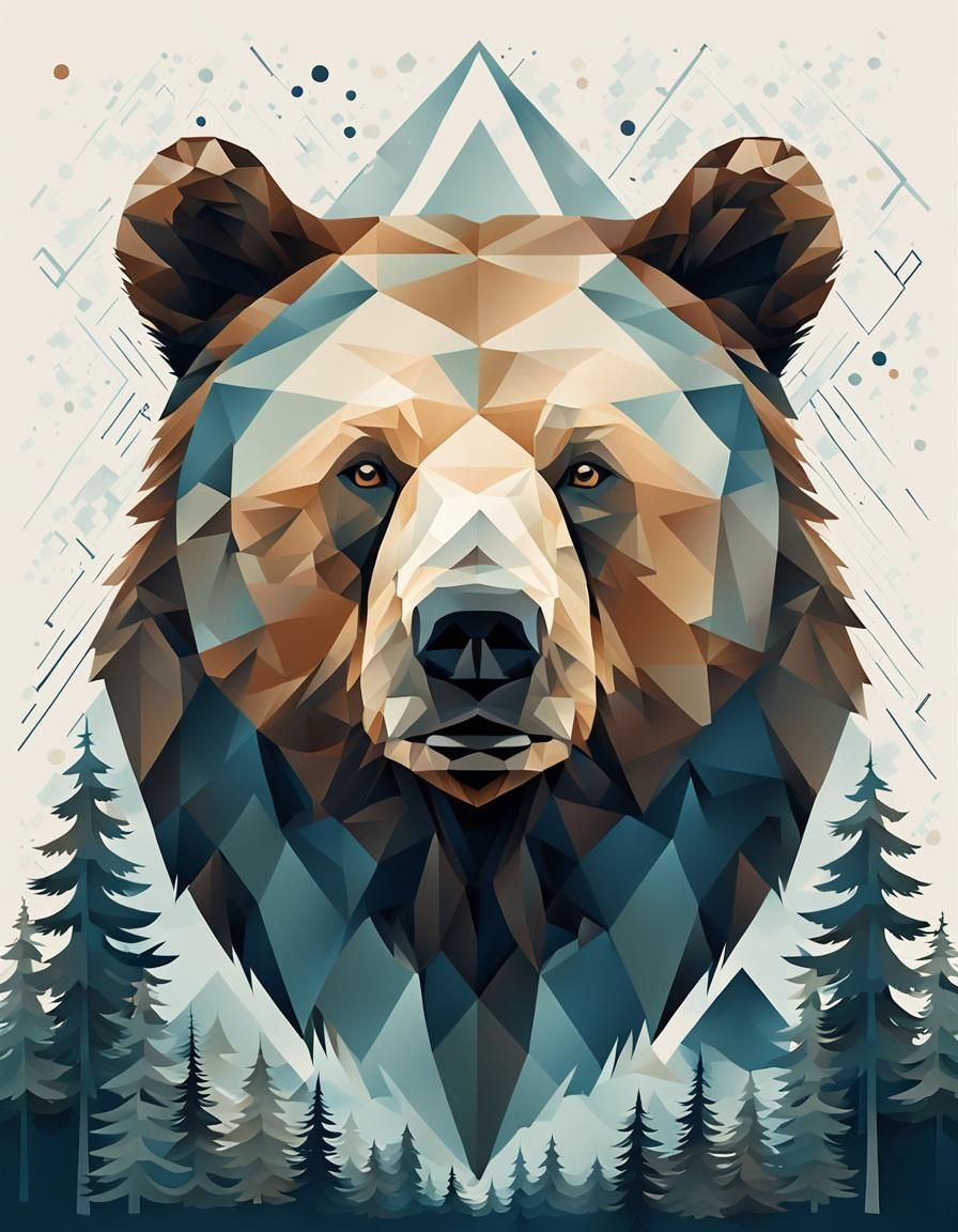 Geometric Bear Portrait in a Contemporary Forest Landscape