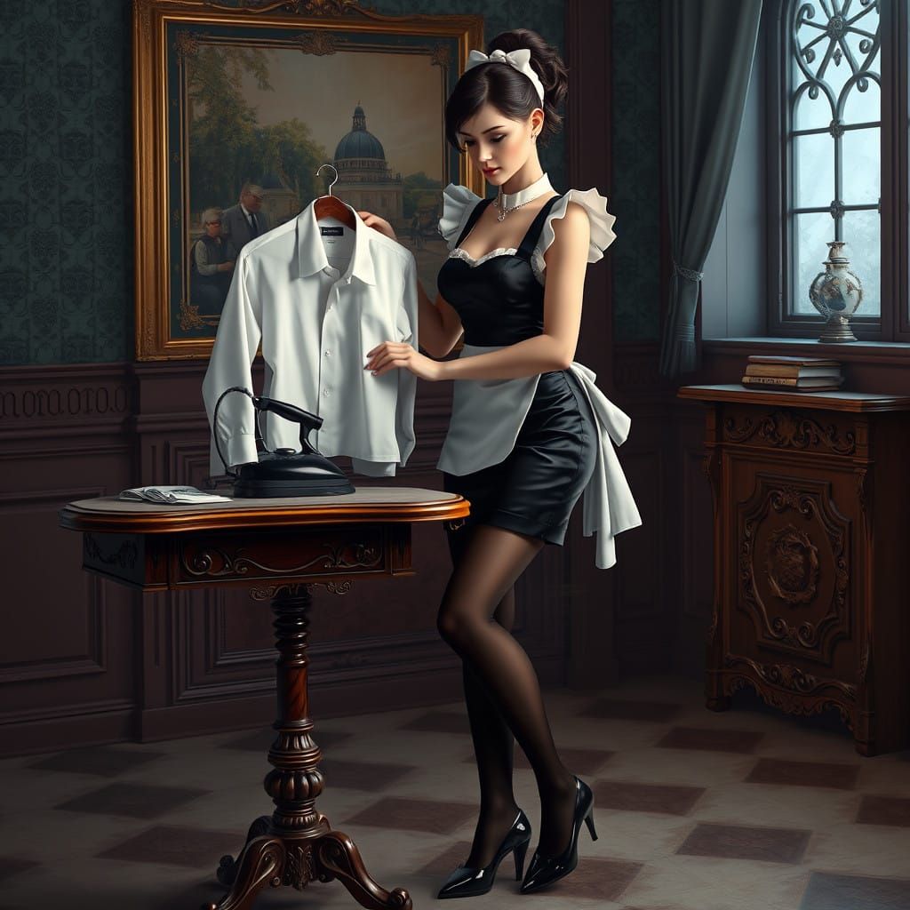French Maid in Fanciful Ironing Scene, with Rich Colors and....