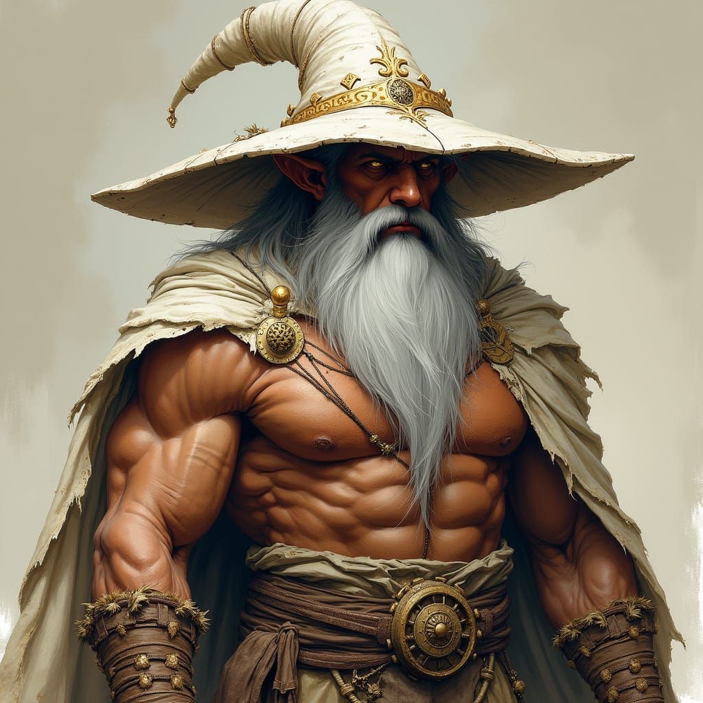 Fantasy Elf Wizard in Earth-Toned Robes with Rippling Muscle...