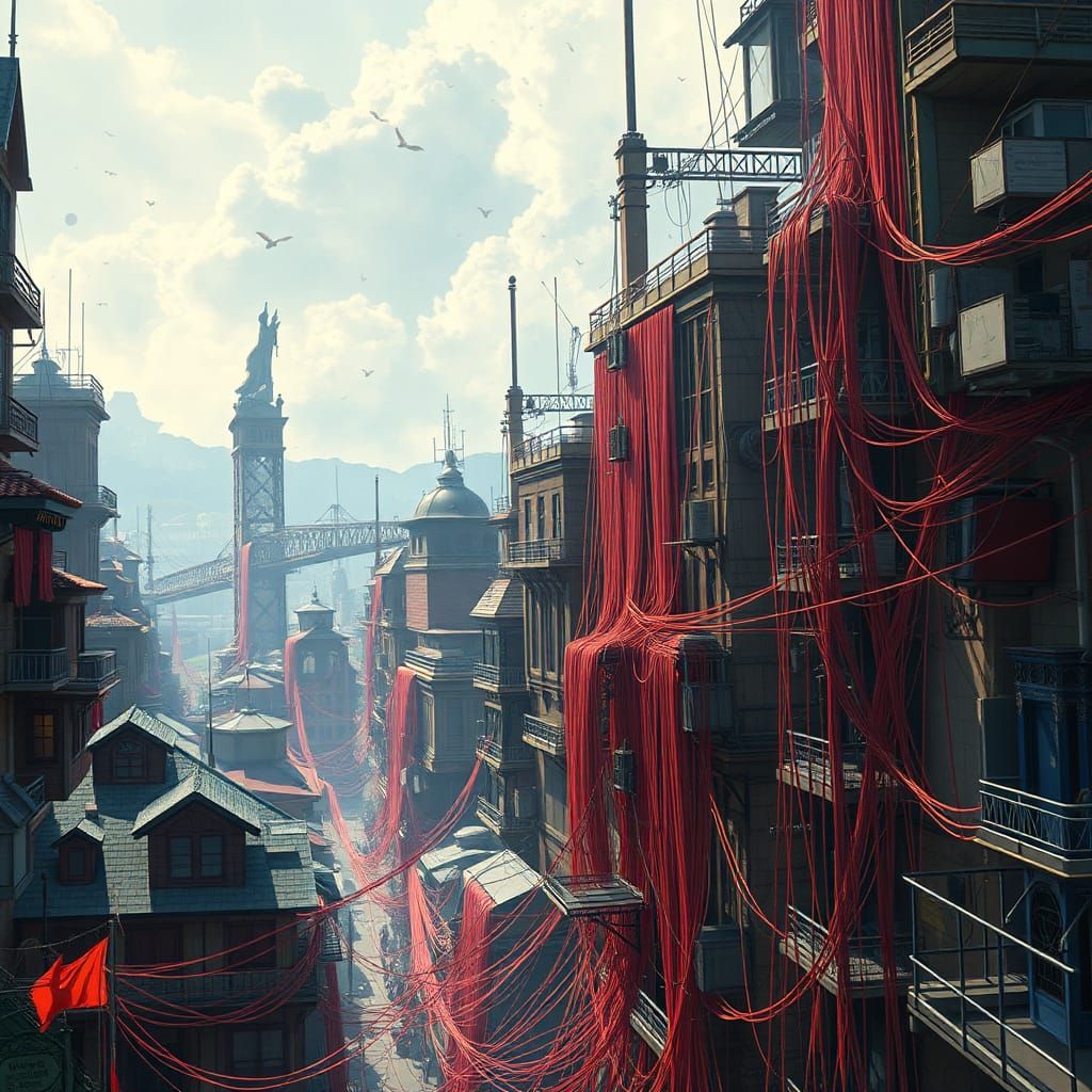 Vibrant City of Tangled Strings in Hyperrealistic Detail
