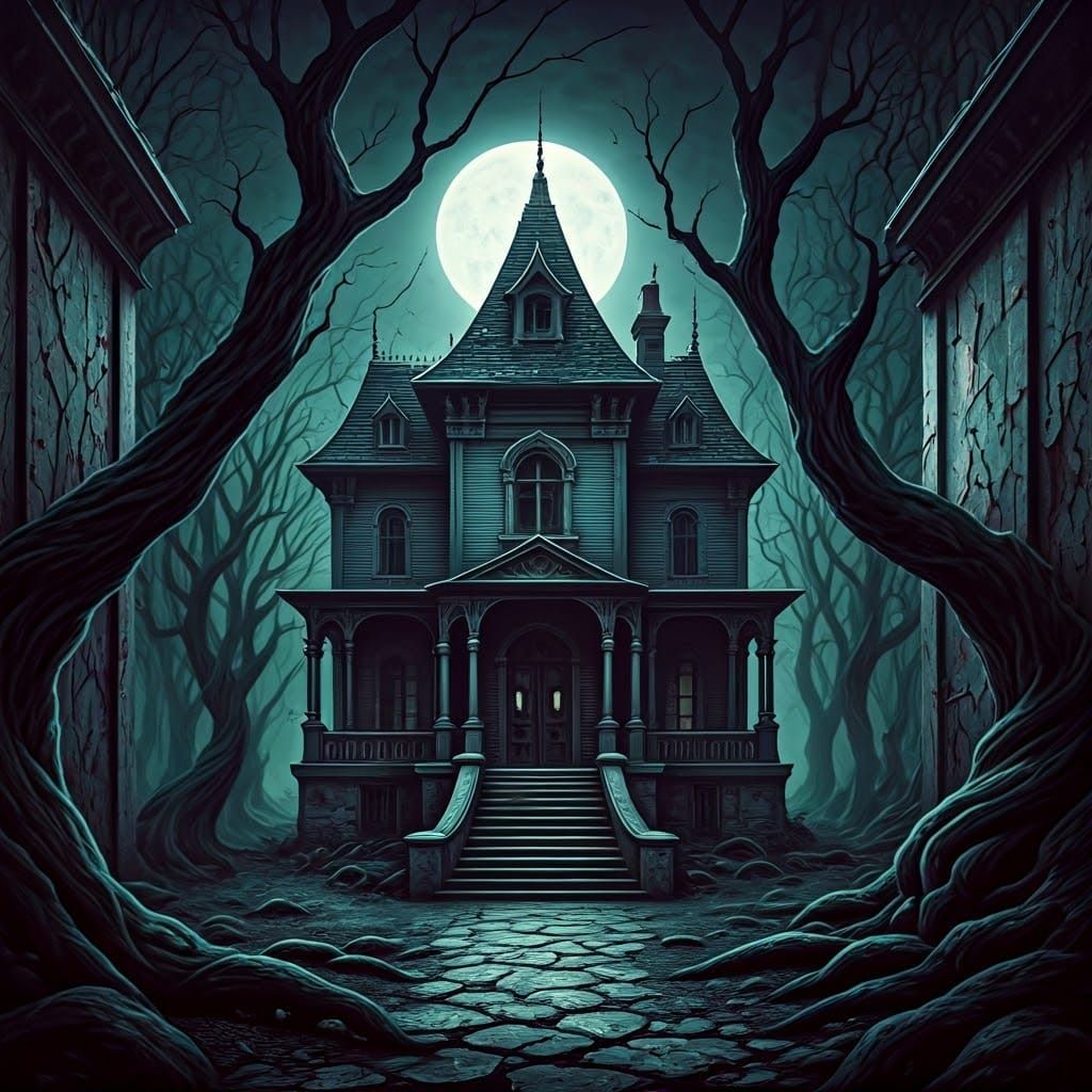 Dark Fantasy Mansion Amidst Twisted Trees in a Haunting Real...