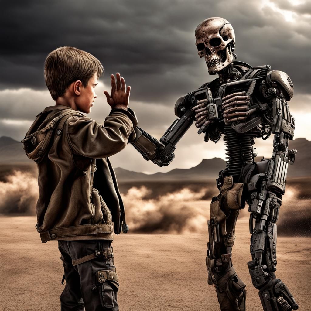 Young John Connor Teaches Terminator a High Five Amidst Dese...
