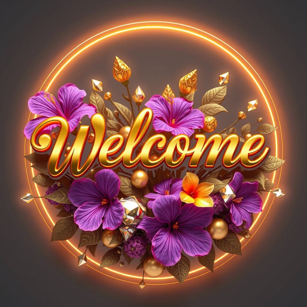 Ethereal Art Deco Welcome in Golden Script with Whimsical Fl...