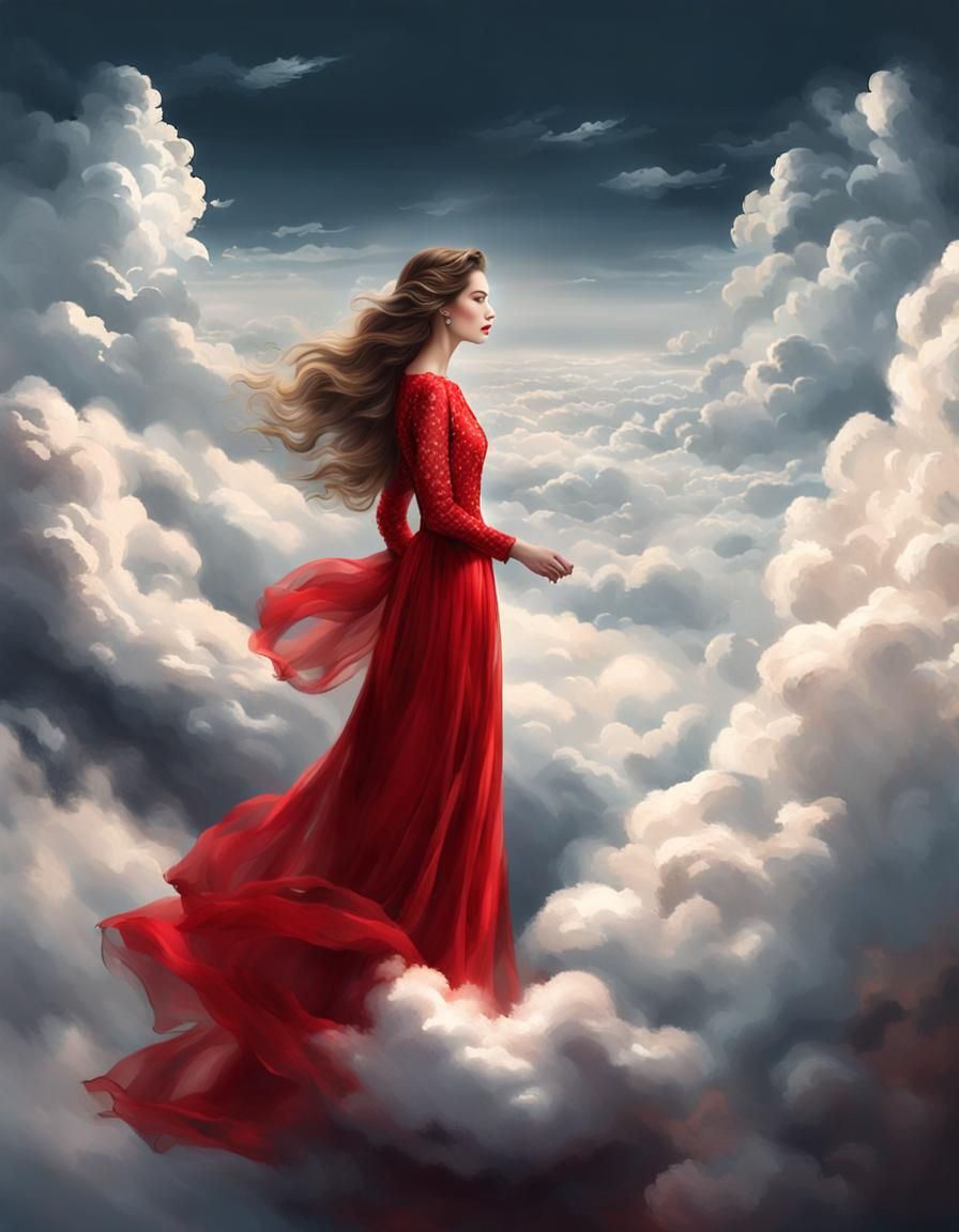 "a beautiful woman, in the clouds"