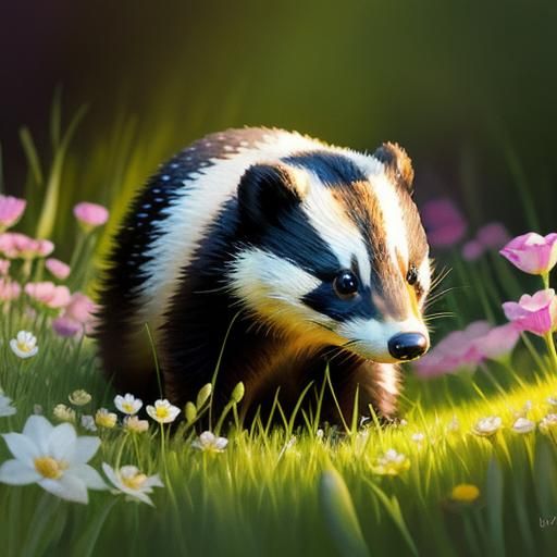 Whimsical Watercolor Fantasy of a Badger in a Vibrant Flower...