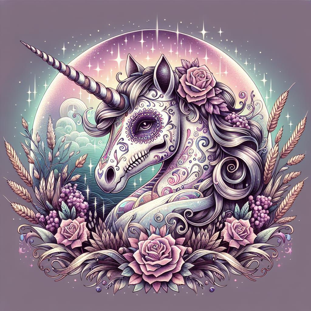 Ethereal Sugar Skull Unicorn in Whimsical Fantasy Art