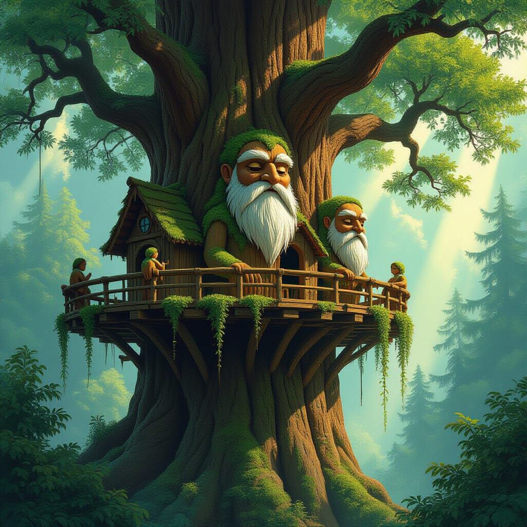 Majestic Treehouse Tended by Gentle Wooden Giants