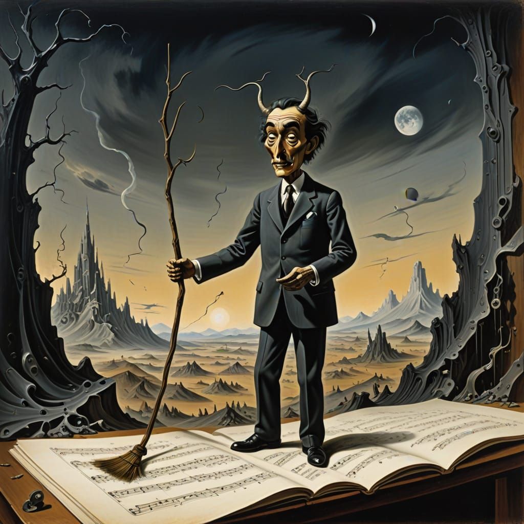 Miniature Sorcerer Erases Musical Notes in Ethereal Landscap...