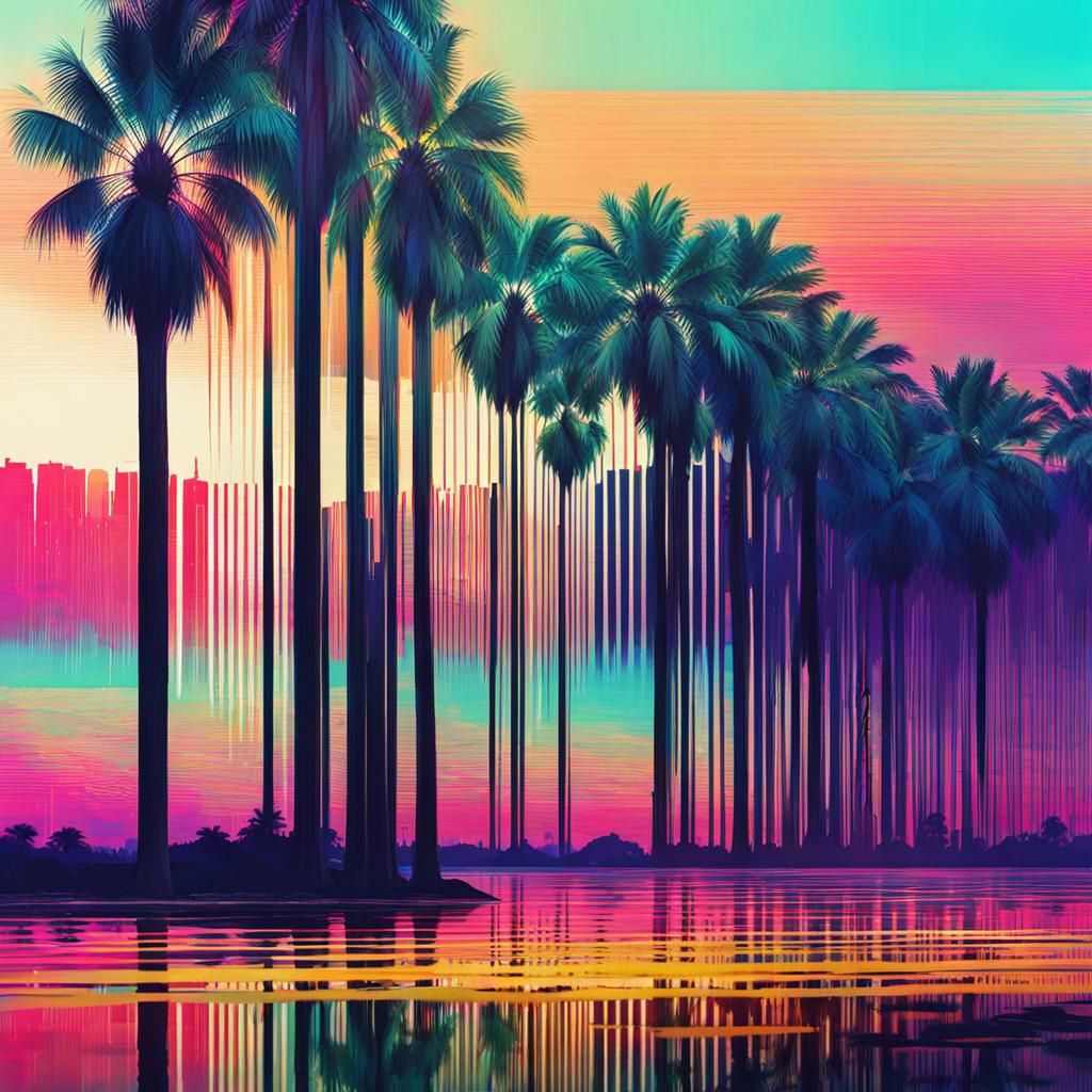 Glitched Palm Trees in Vibrant Tropical Landscape