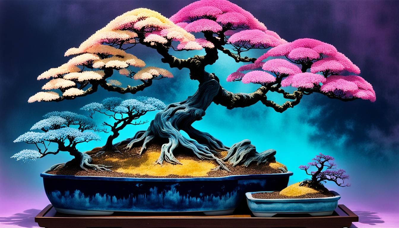 Majestic Bonsai Trees Under Ethereal Skies