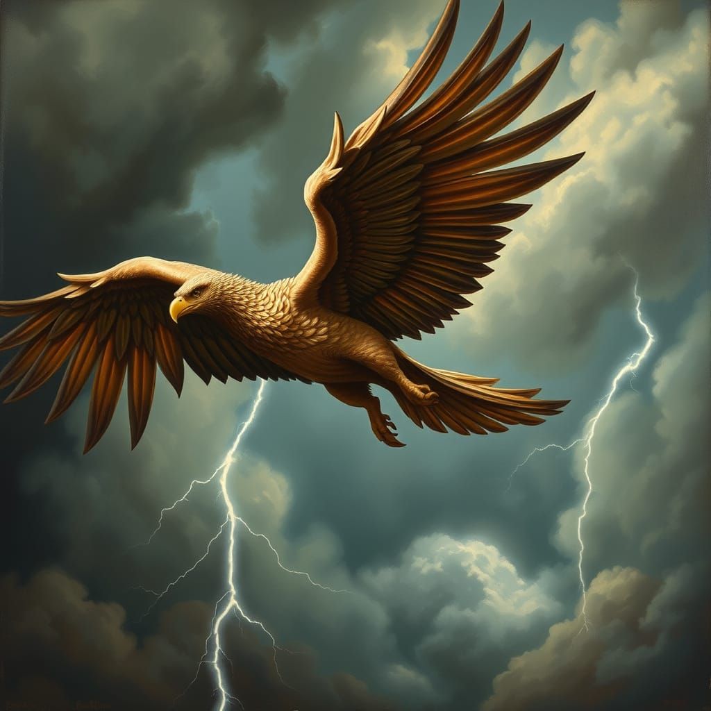 Majestic Griffin Soars Through Stormy Sky in Classical Paint...