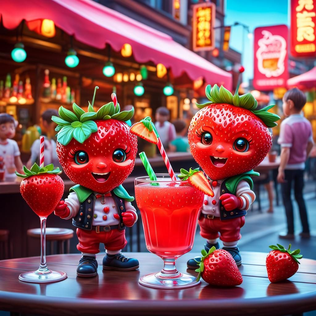 Chibi Strawberry Twins Enjoy Nightlife in Whimsical Candy Ar...