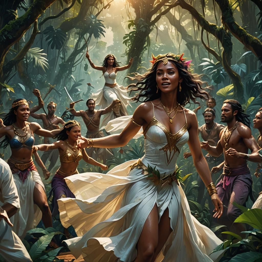 Ethereal Jungle Dancer in a Vibrant, Matte Painting Style
