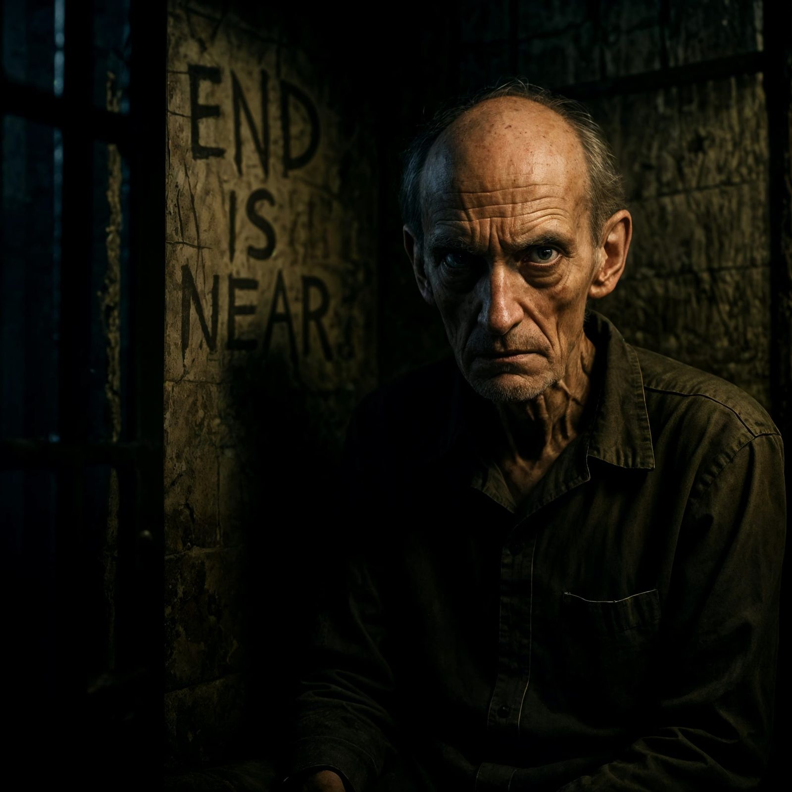 Haunted Prisoner in Cell: Photorealistic Cinematic Portrait