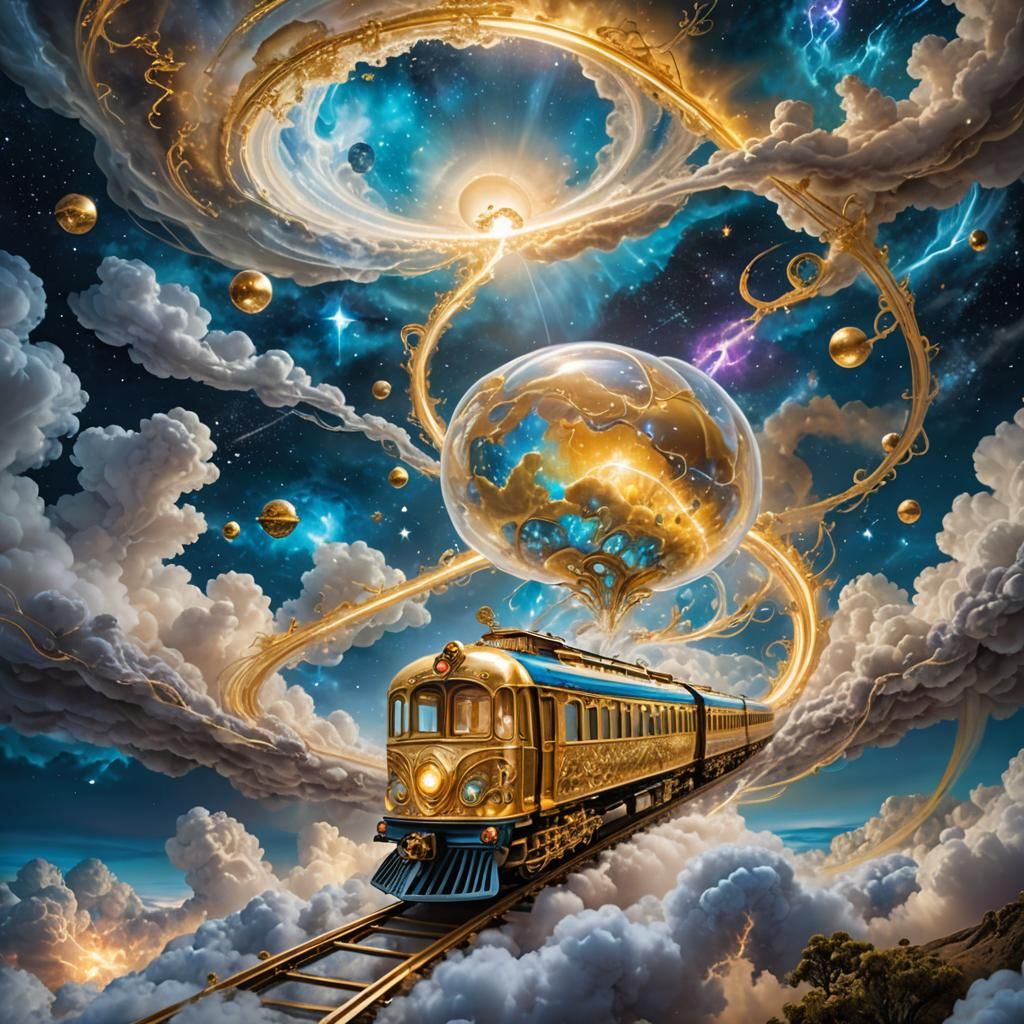 Surreal Golden Train Soars Across Ethereal Clouds in Art Nou...