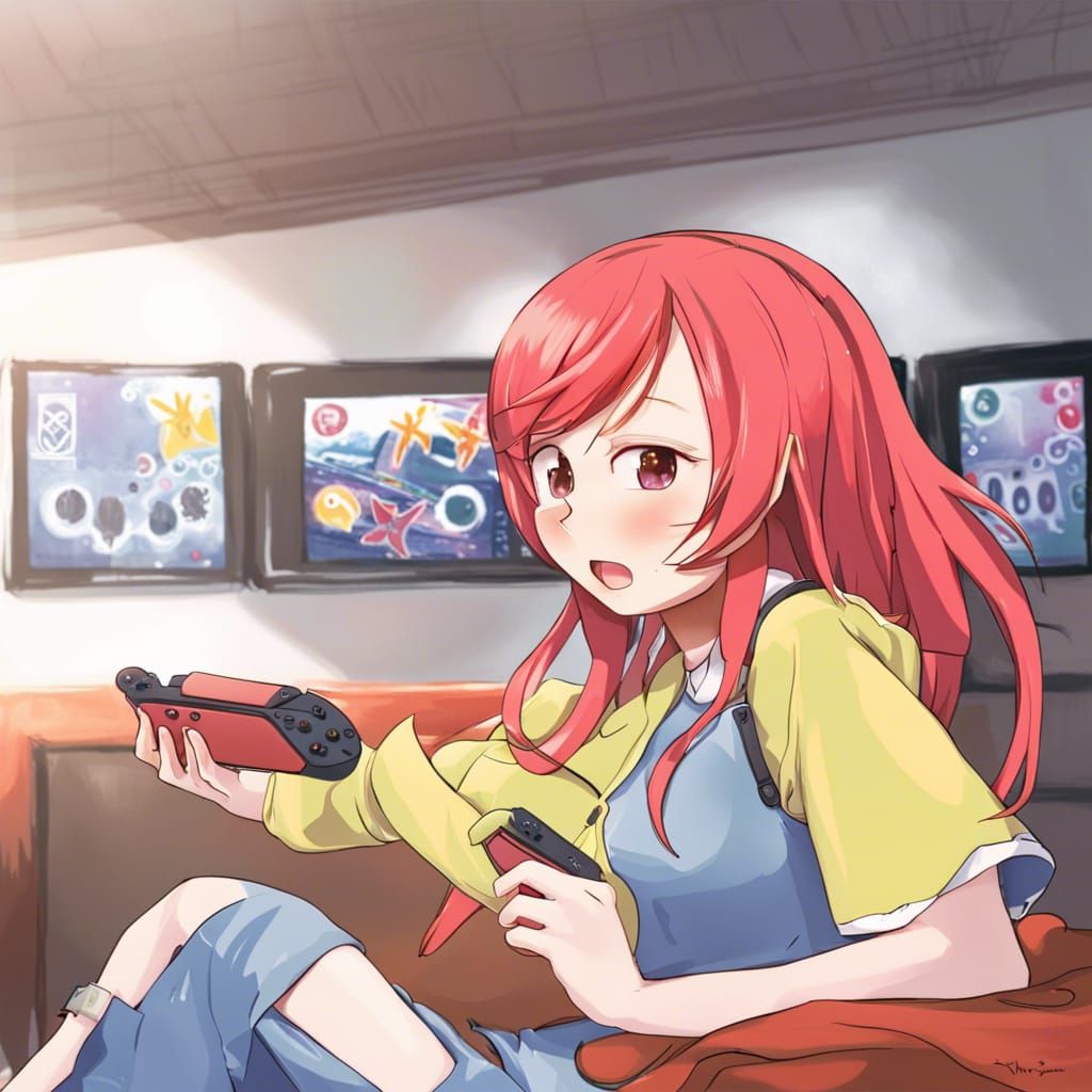 Girl in Red Hair Plays Nintendo Switch in Anime Style