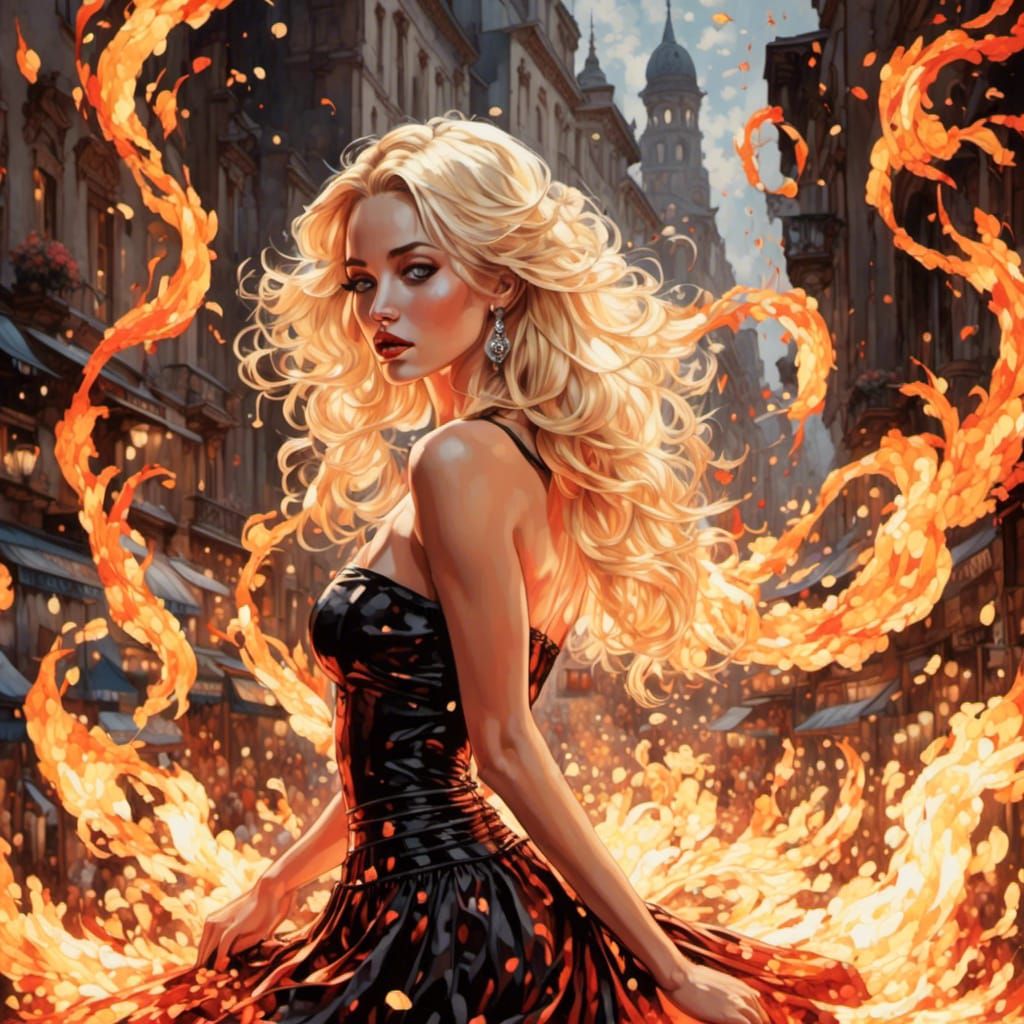 Surreal Blonde Goddess Amidst Flaming Portals