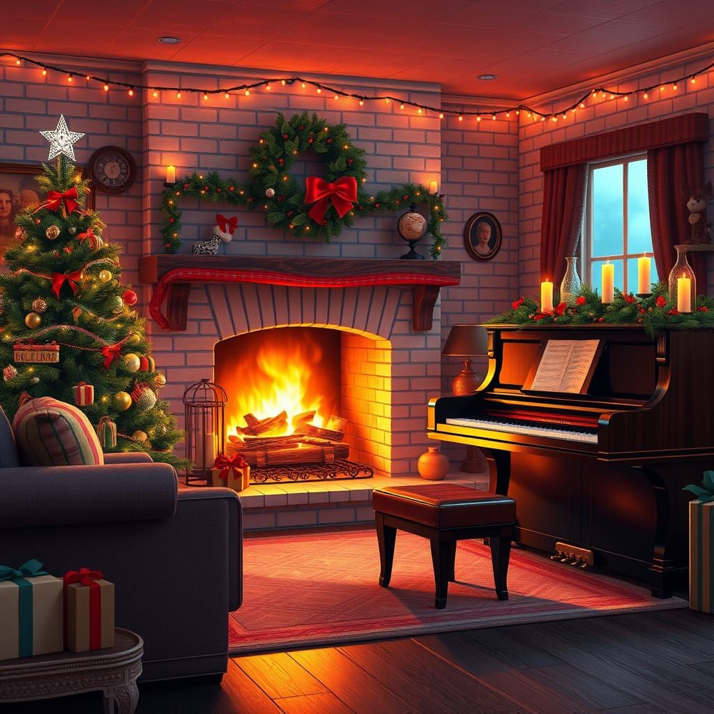Retro Christmas Party Scene in Matte Painting Style