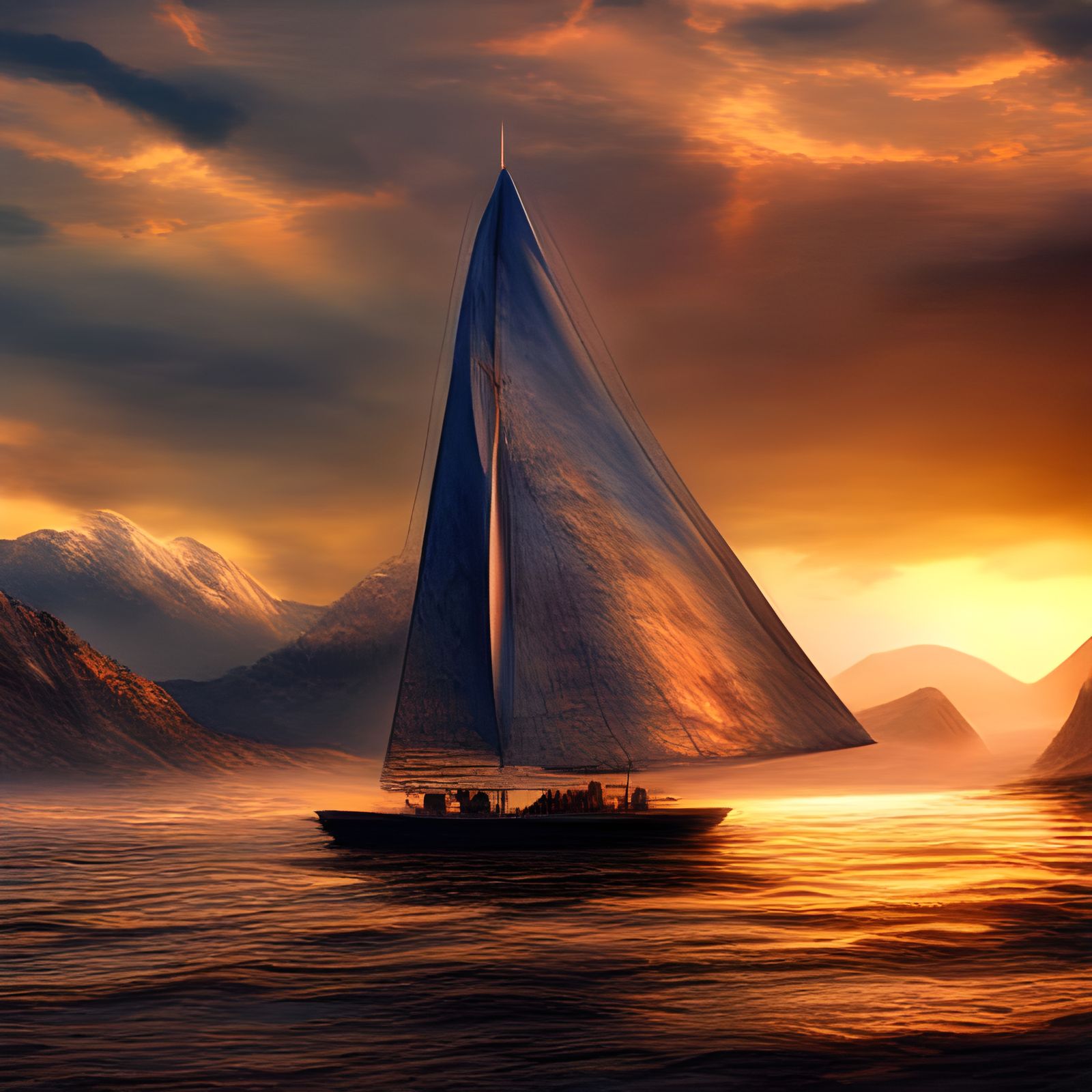 Sailboat across the Mountainous Sunset