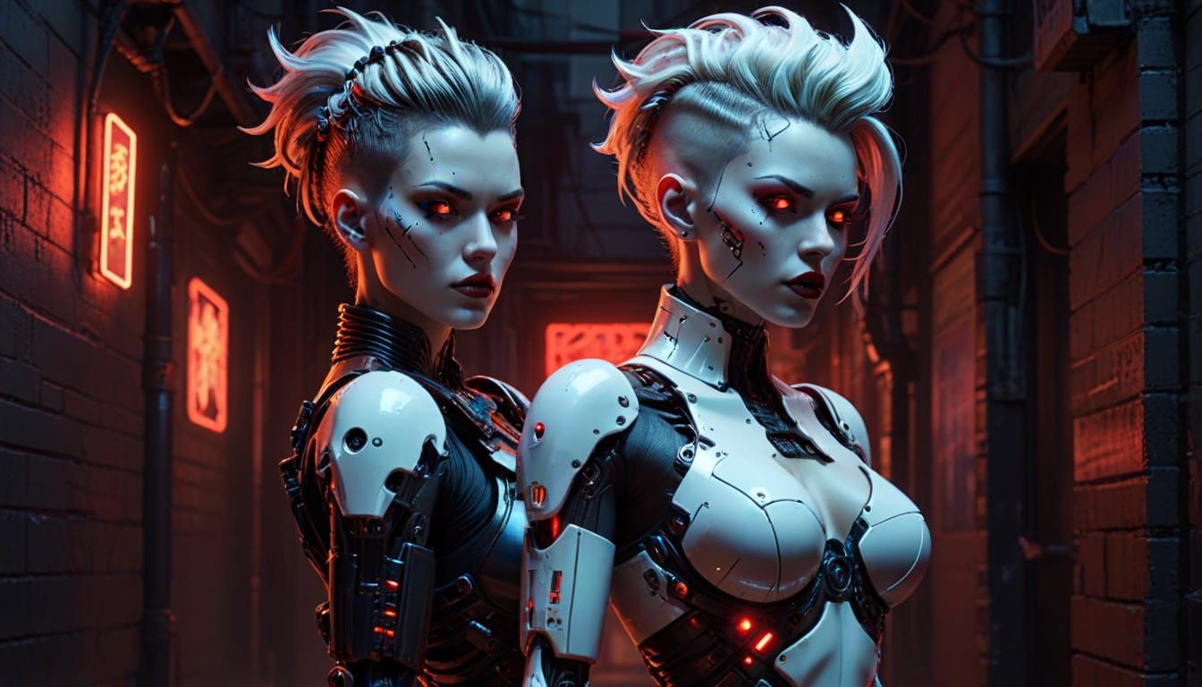 Cyberpunk Cyborg Pin-Up with Neon Lights and Mohawk