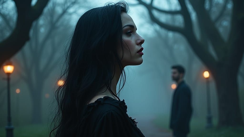 Mysterious Woman in Mystical City Park at Dusk