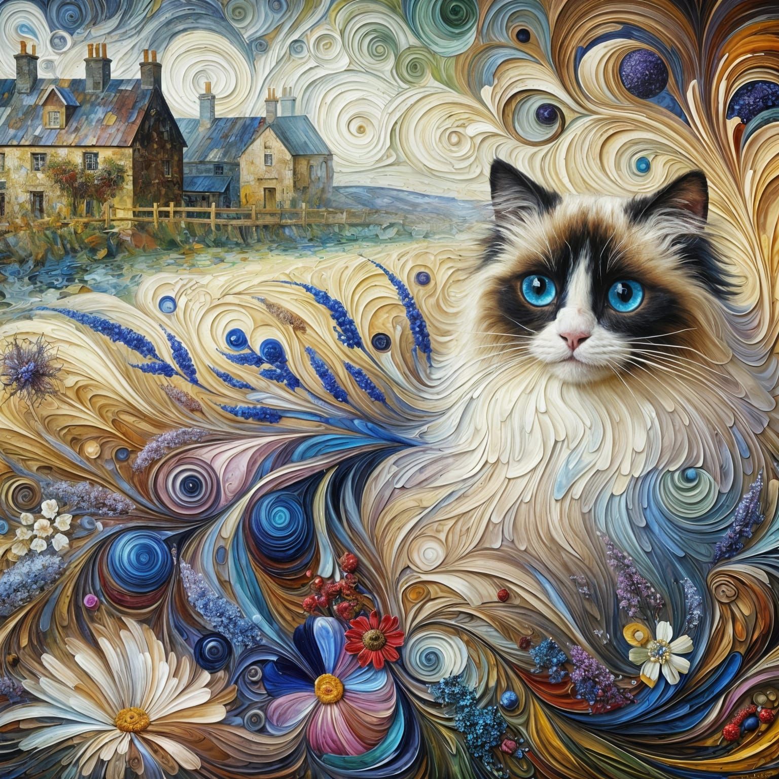 Whimsical Ragdoll Cat amidst Vibrant Wildflowers in Impasto....