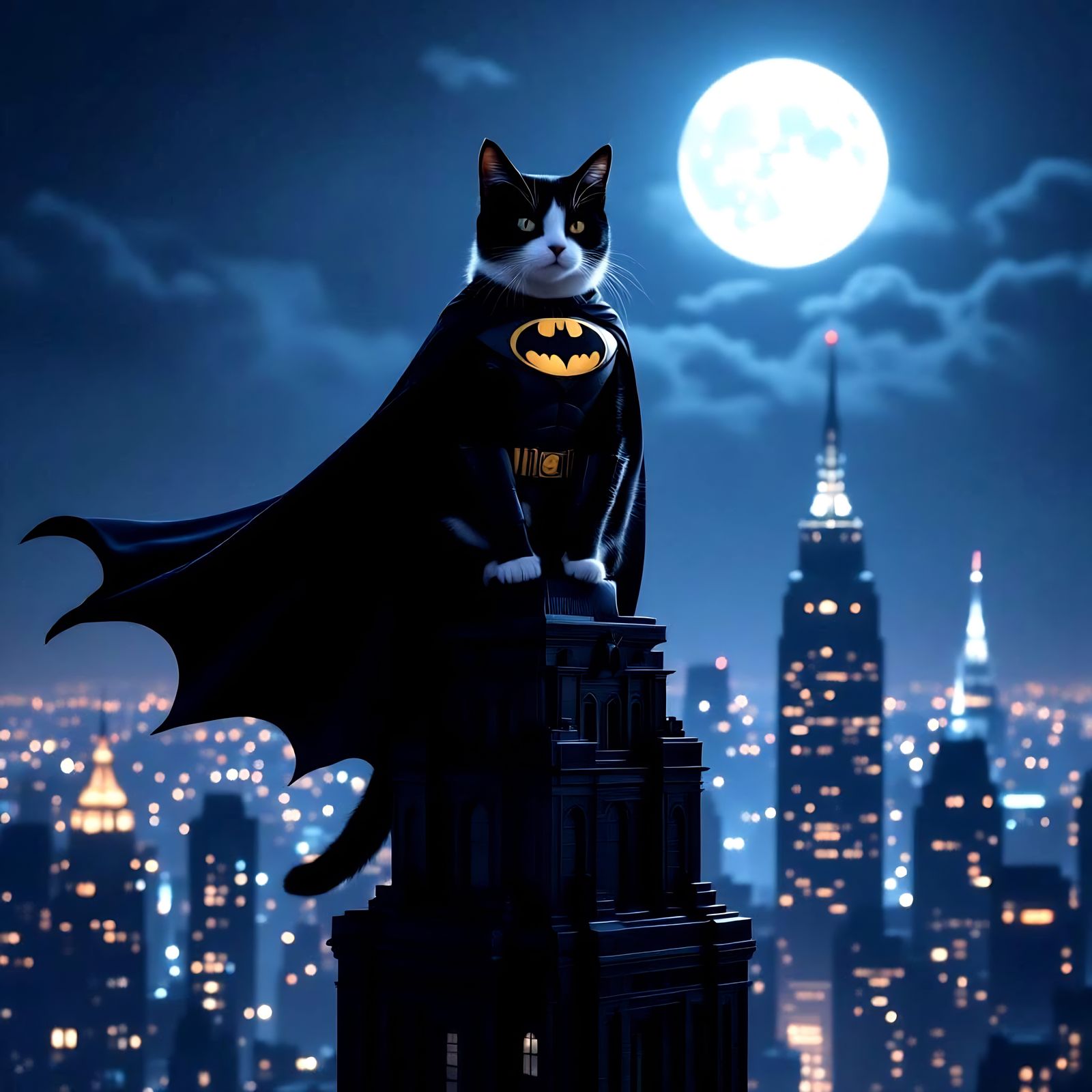 Dramatic Cat Knight Overlooks Futuristic City