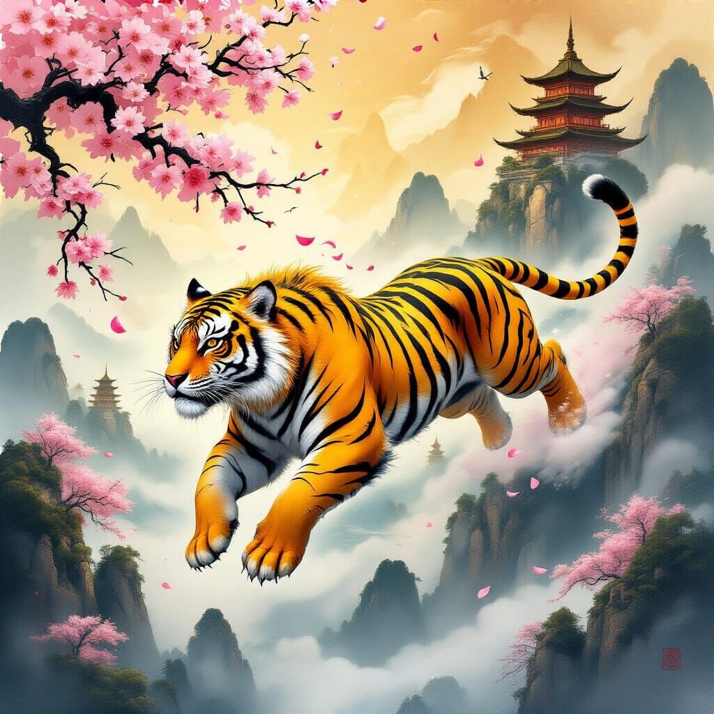 Golden Calligraphy Tiger in Dreamlike Landscape