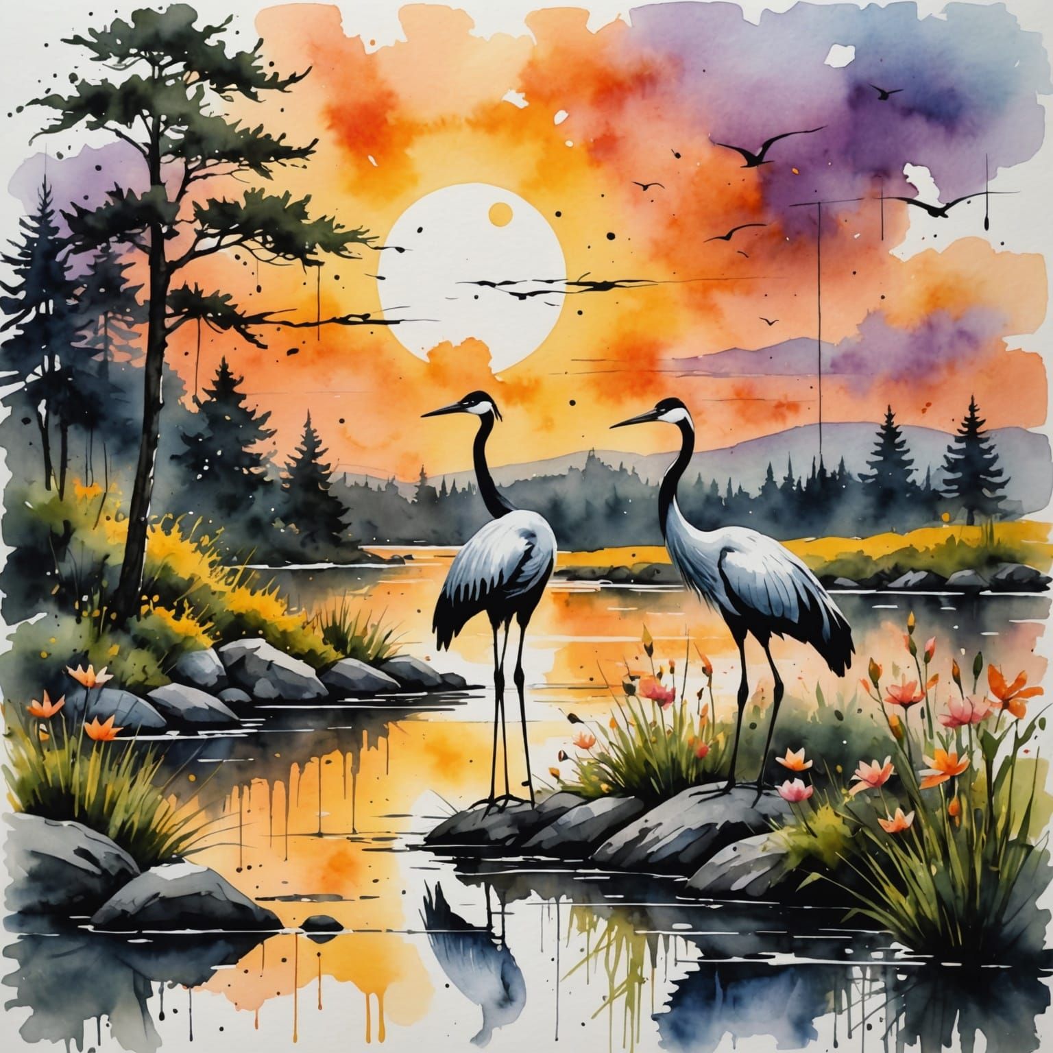 Elegant Sunrise Scene with Cranes and Imperial Colors