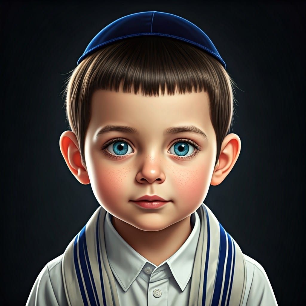 Ultra-Orthodox Boy in Traditional Velvet Kippah with Big Bri...
